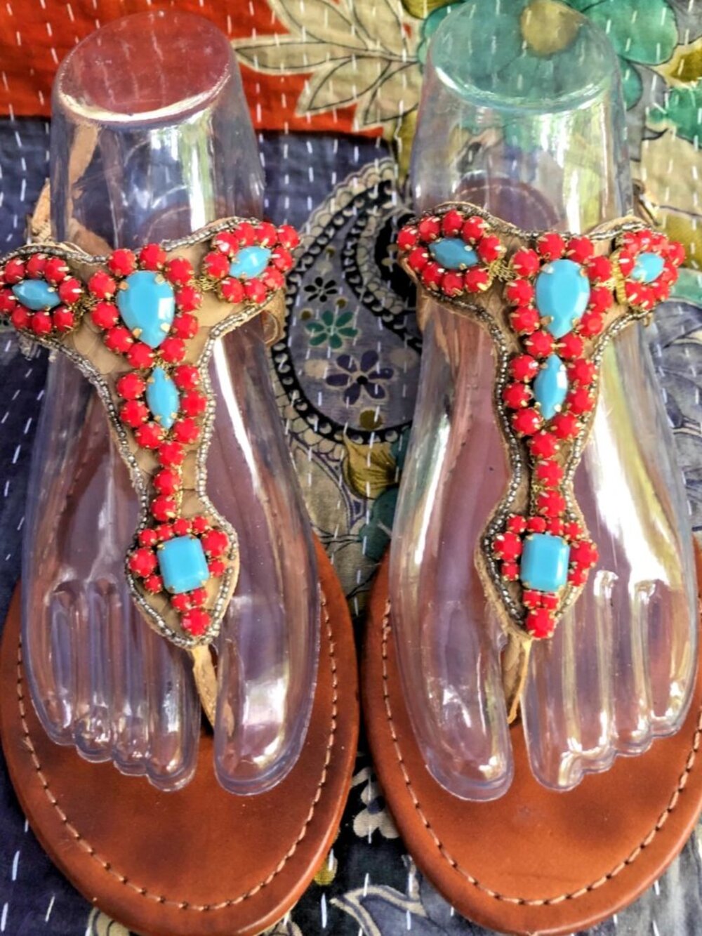 Unionbay Jeweled Thong Sandals Faux Coral Turquoise Southwestern Size 6.5M
